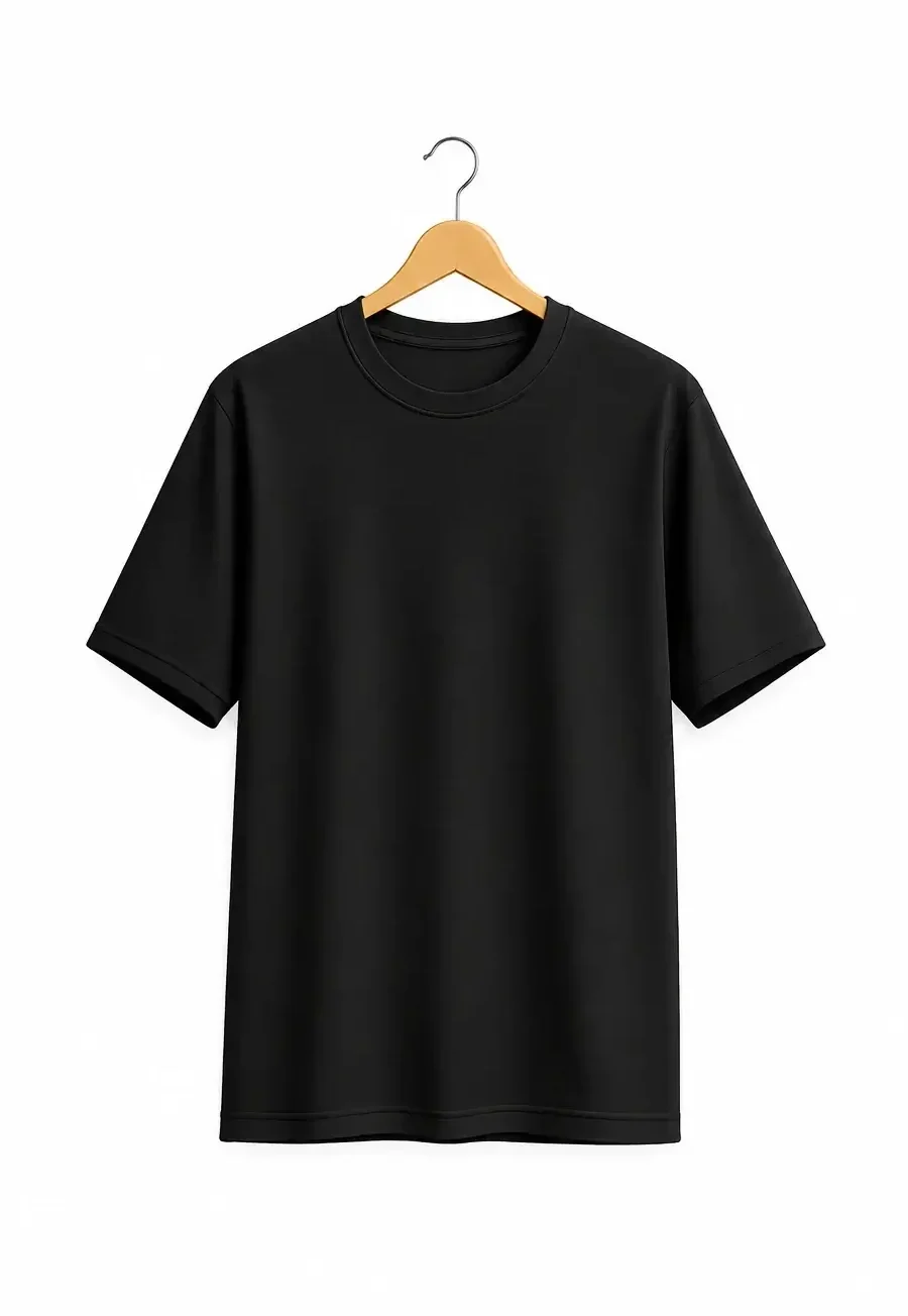 Plain black round neck cotton T-shirt with premium fabric and comfortable everyday fit